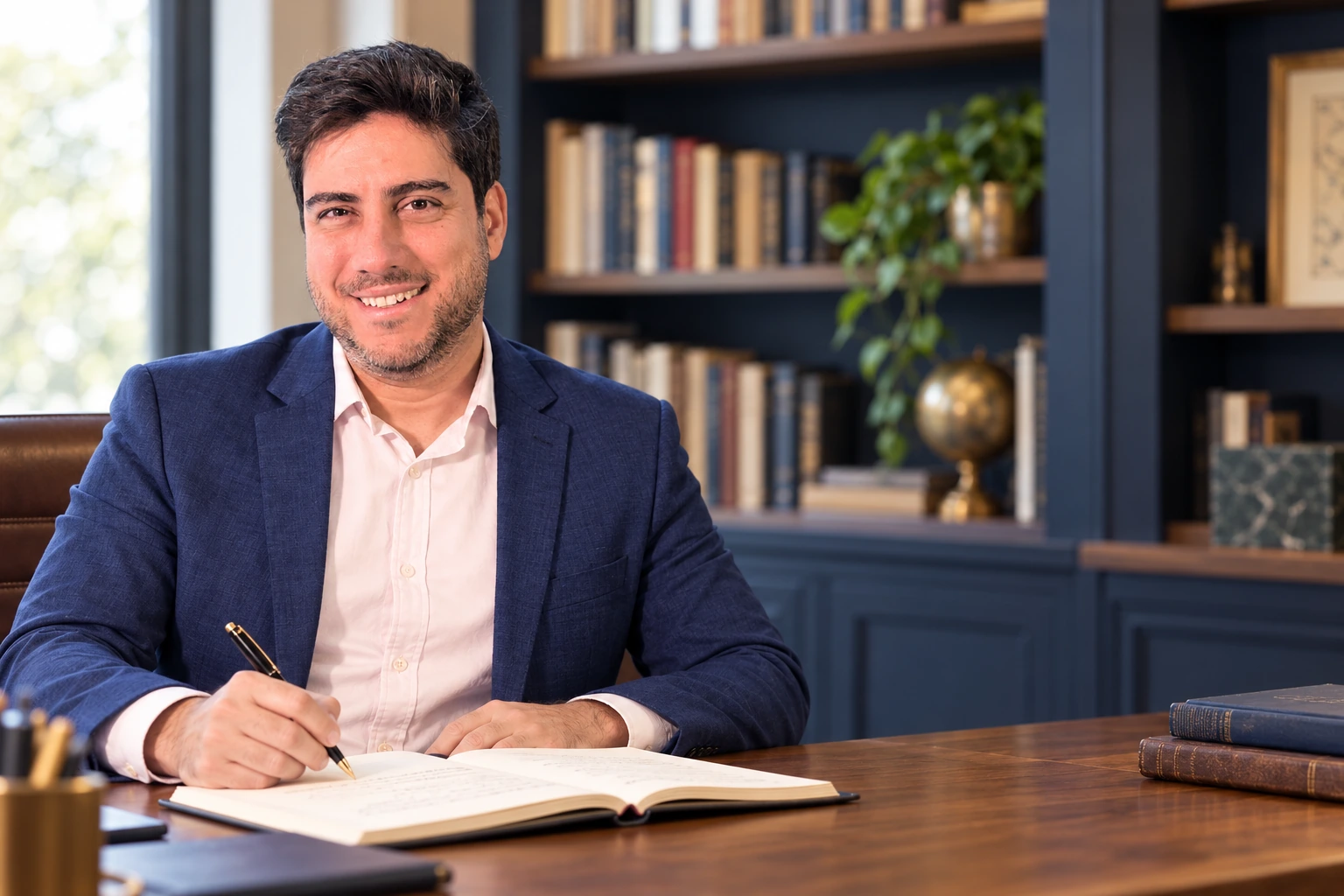 Dr. Alexandre Bueno escrevendo em sua mesa de trabalho.