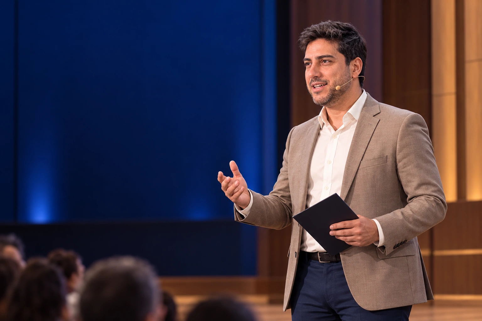 Dr. Alexandre Bueno, de blazer claro, durante uma apresentação.