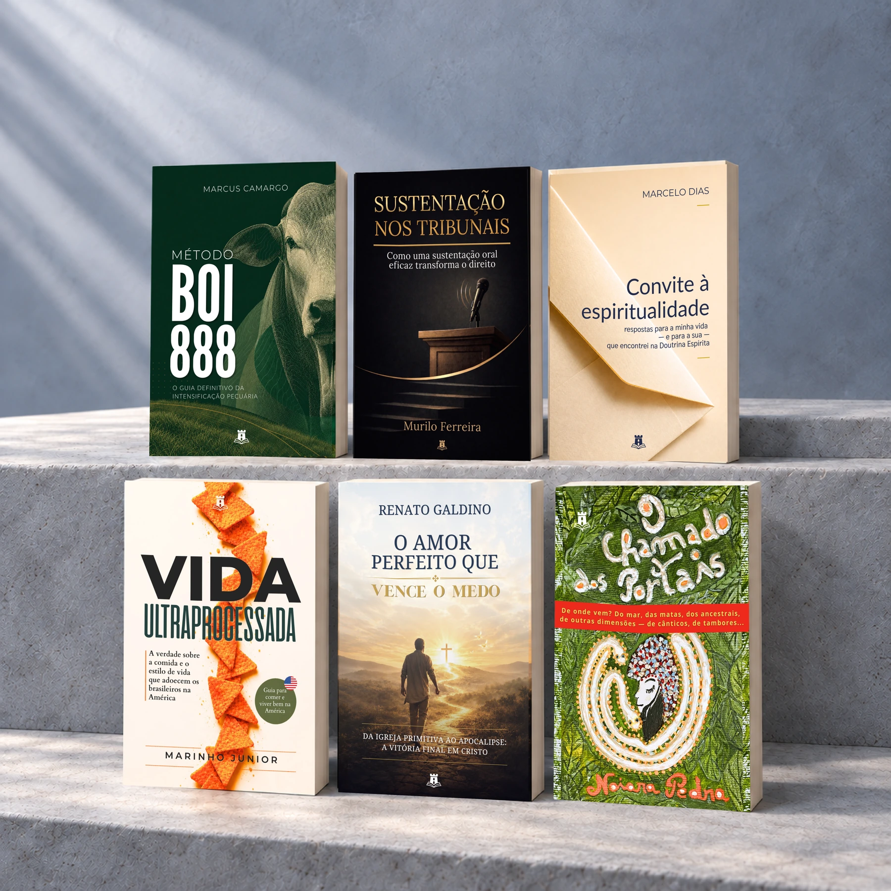 Livros publicados pela Torre das Letras, com seis capas do catálogo dispostas sobre degraus claros.
